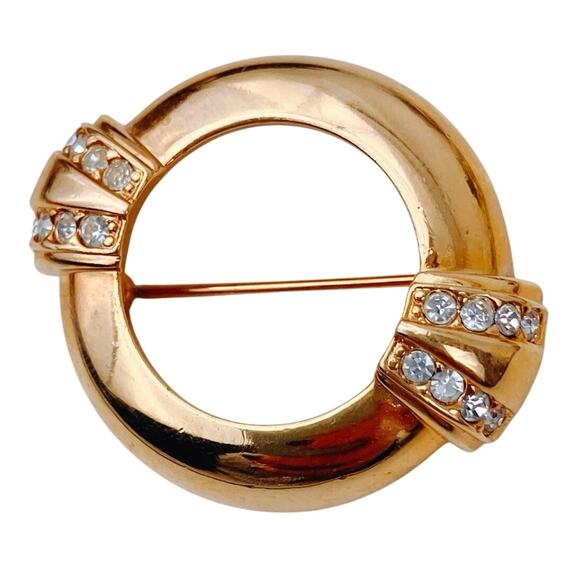 Vintage Avon Gold Tone Rhinestone Circle Brooch 1980s Geometric Pin Jewelry - Picture 1 of 9